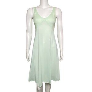 Vintage Shadowline Nylon Slip Dress Womens Size S Lace Trim Green V Neck